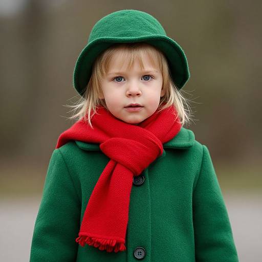 Blonde Child in Green Winter Outfit