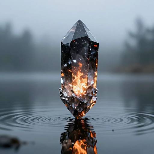 Floating Black Magical Crystal Above Lake