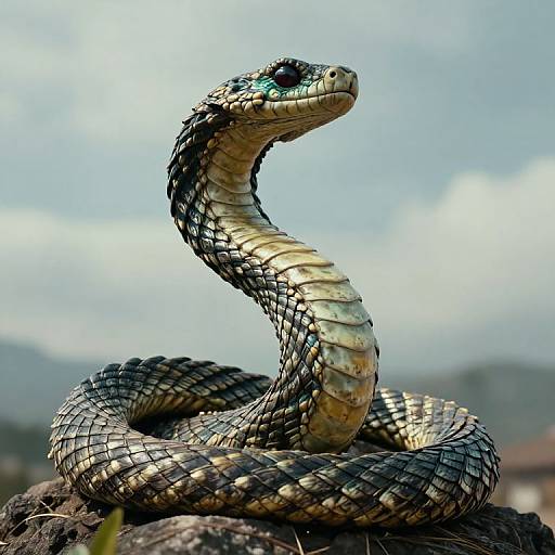 Photograph of a coiled, patterned snake with black and yellow scales, gazing upward against a blurred mountainous background.