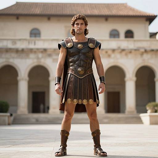 Photograph of a muscular man with curly brown hair, wearing a black leather gladiator outfit with gold accents, standing in front of a classical stone building