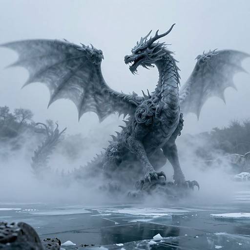 Digital artwork of a massive, menacing black dragon with large, leathery wings standing in a misty, icy landscape. Snow-covered ground and distant