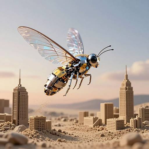 Photograph of a detailed, robotic, wasp-like insect with transparent wings flying over a miniature, sunlit cityscape with beige skyscrapers.