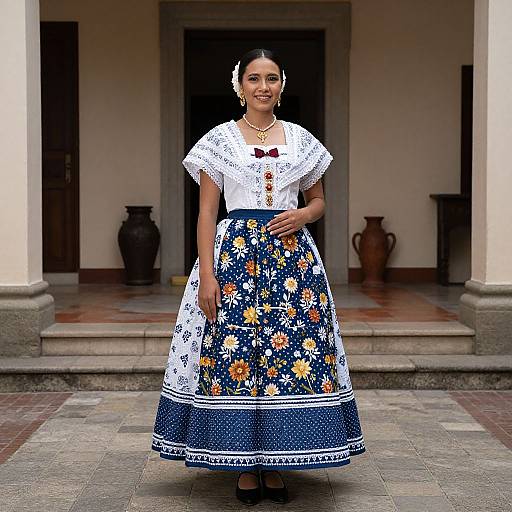 Photograph of a smiling woman in traditional Mexican dress: white lace top, blue floral skirt, white and blue embroidered, standing on stone steps, with