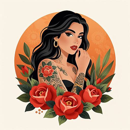 Digital illustration of a tattooed woman with long black hair, red lips, and hoop earrings, surrounded by vibrant red roses and green leaves against an orange