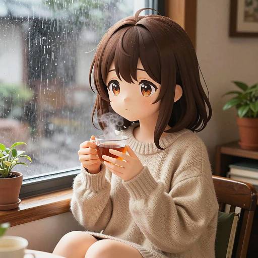 Digital anime-style drawing of a young girl with brown hair and amber eyes, sitting by a rainy window, holding a steaming cup of tea in a