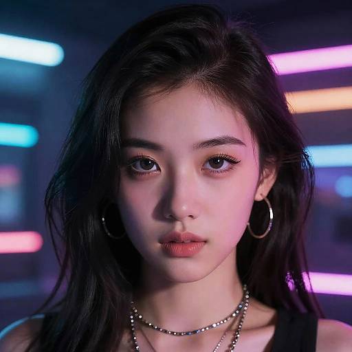 Photorealistic digital portrait of a young Asian woman with long black hair, wearing hoop earrings and a pearl necklace, illuminated by neon lights in a dark