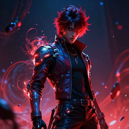 Digital anime artwork of a fierce, red-haired male warrior with glowing red and blue accents on his black leather armor. Background features swirling energy and vivid neon