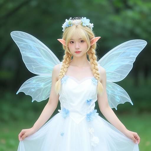 Photograph of a young, fair-skinned girl with blonde braids, elf ears, and translucent fairy wings, wearing a white floral dress and crown