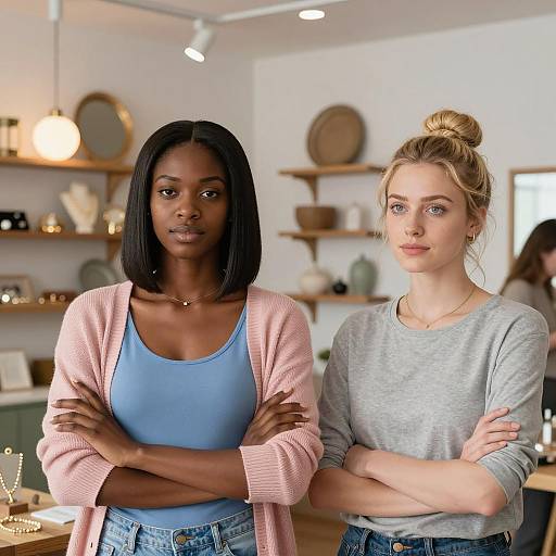 Two Women Standing with Arms Crossed Indoors