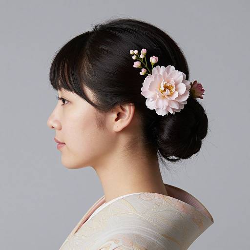 Photograph of an Asian woman in profile with black hair in a bun, adorned with pink flower and small buds, wearing a white kimono, against