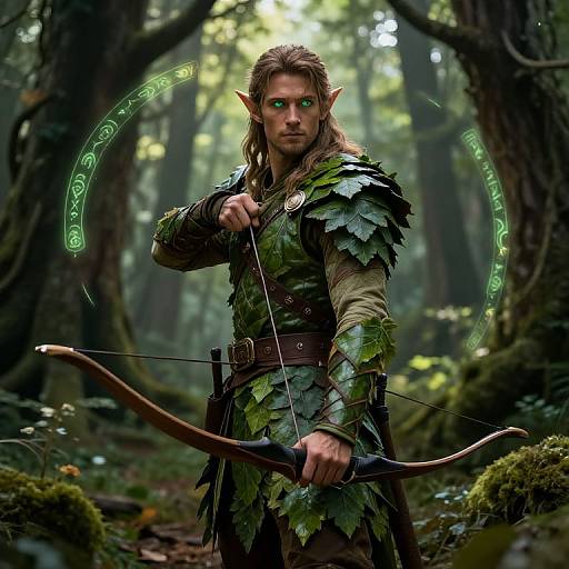 Digital fantasy artwork of an elven archer with green eyes, long brown hair, leafy armor, holding a bow in a misty forest.