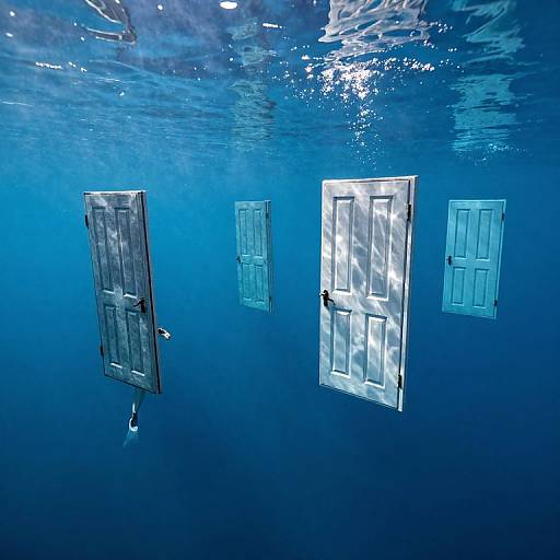 Photograph of four floating, slightly reflective wooden doors in deep blue underwater scene, with sunlight filtering through water's surface.