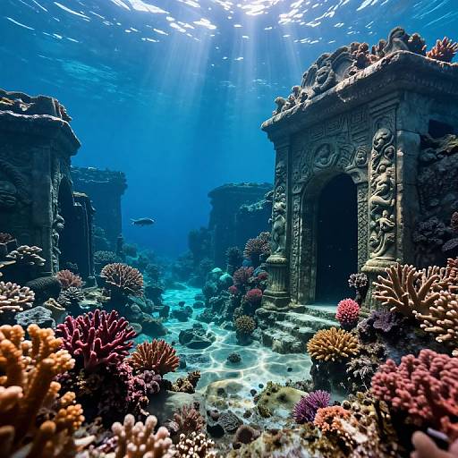 Photograph of an underwater scene featuring ancient, ornate stone arches surrounded by colorful coral reefs and marine life, bathed in bright sunlight filtering through