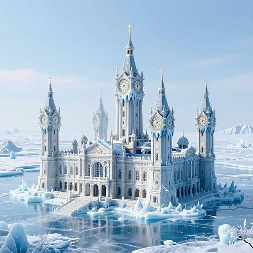 Photorealistic digital rendering of a snow-covered, Gothic-style castle with multiple spires and clock towers, floating on a frozen, icy lake under a