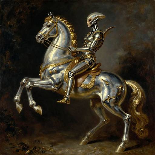 Photorealistic digital art of a shiny, gold-accented knight on a rearing silver horse with intricate armor and flowing tail, set against a