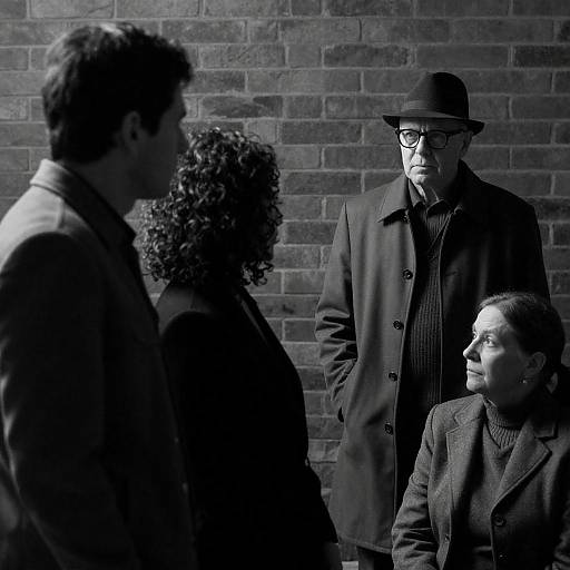 Black and White Portrait of Four People in Conversations