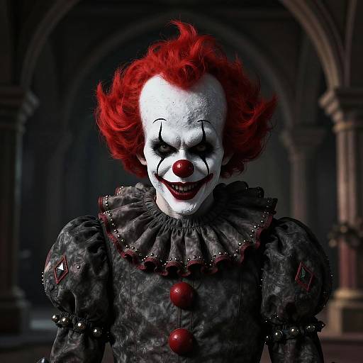 Photorealistic CGI of a creepy clown with bright red hair, white face paint, black eye makeup, and a black, ruffled dress with red
