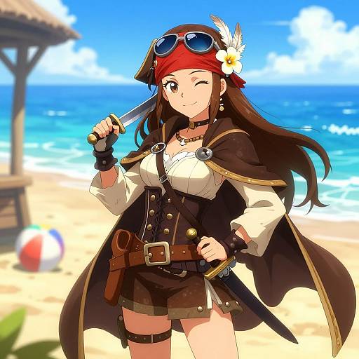 Anime-style drawing of a cute, winking pirate girl with brown hair, red bandana, goggles, white blouse, black coat, shorts, and
