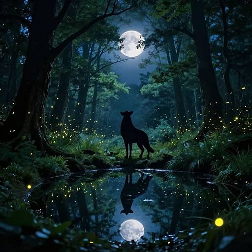 Digital illustration of a silhouetted wolf standing in a moonlit forest, reflected in a calm pond, surrounded by glowing fireflies.