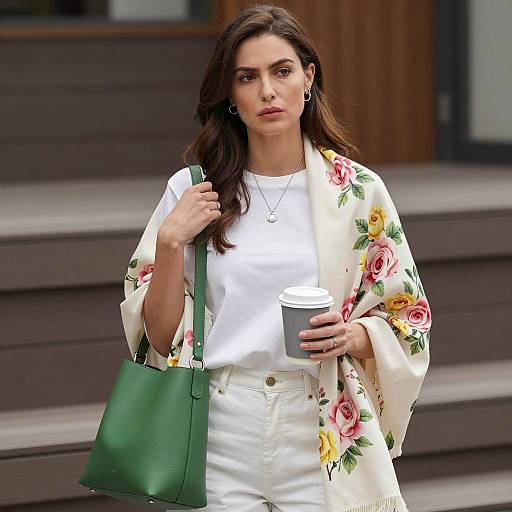 Stylish Woman in Floral Shawl Outdoors