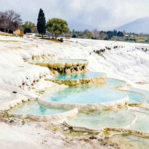 Watercolor Painting of Pamukkale Terraces