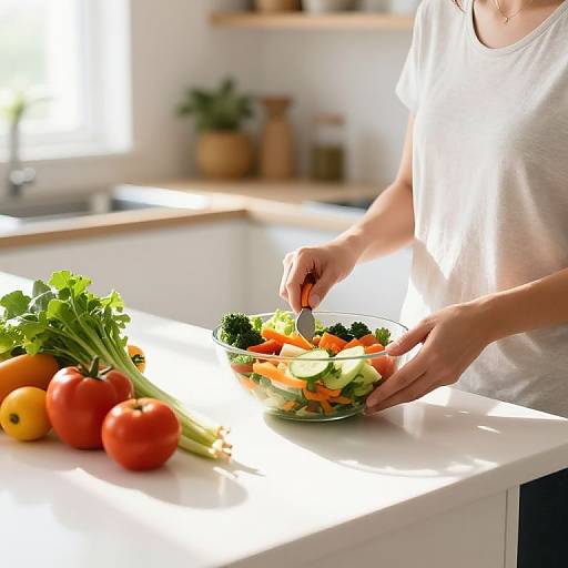 Photograph of a person in a white shirt slicing colorful vegetables (carrots, broccoli, cucumber) on a white kitchen counter with fresh tomatoes and leaf