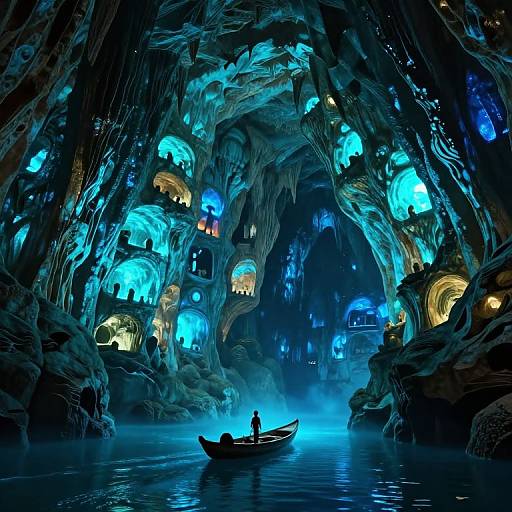 Digital artwork of a glowing, bioluminescent cave with blue and yellow lights, featuring a lone figure in a small boat on a reflective water surface