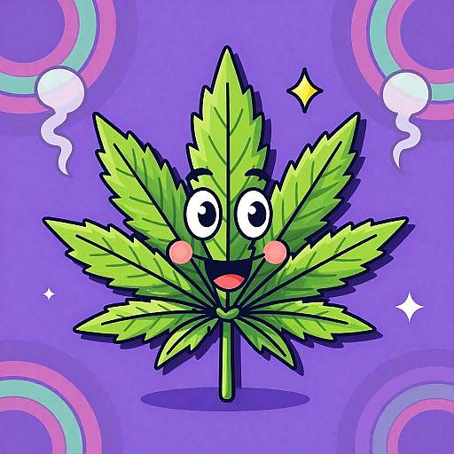 Cartoon green cannabis leaf with big eyes, rosy cheeks, and a red tongue on purple background with rainbow circles and white smoke. Bright, playful