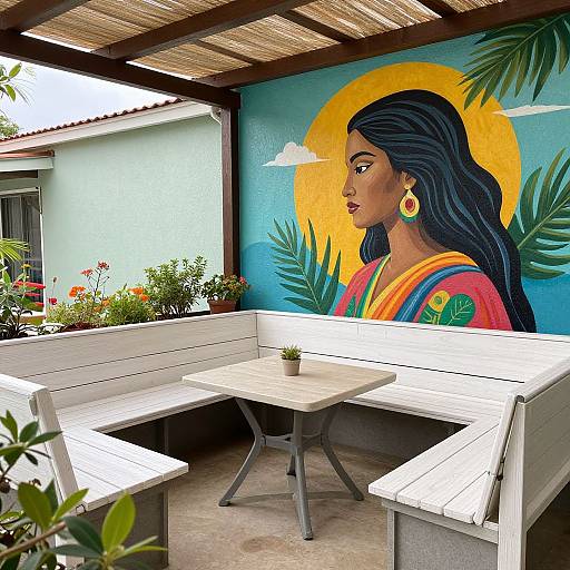 Photograph of a colorful outdoor patio with white wooden benches, a central square table, vibrant mural of a woman with long black hair, and tropical plants