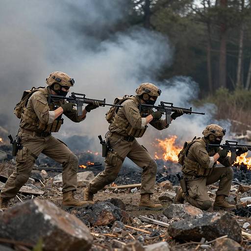 Soldiers in Action Amidst Forest Fire