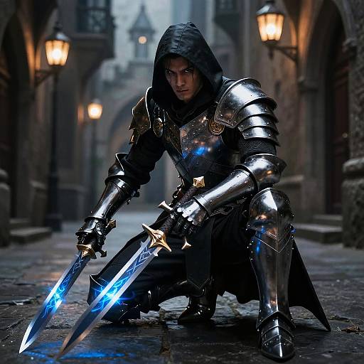 Photograph-style CGI of a fierce, hooded knight in shiny, reflective armor, crouching with glowing blue swords in a dim, medieval alley