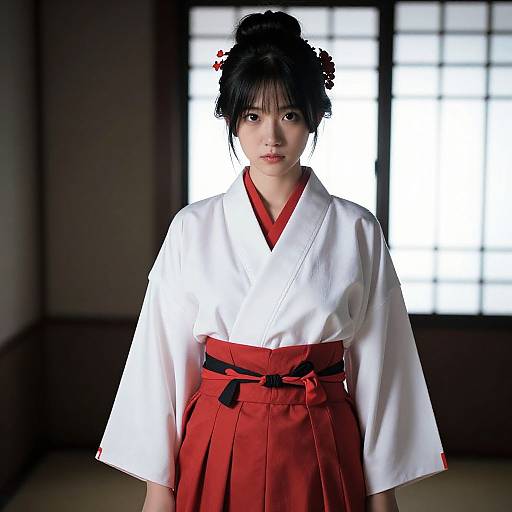 Photograph of a young Asian woman with black hair in a bun, wearing a white kimono with red trim and red hakama, standing in front