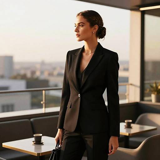 Photograph of a stylish woman in a black blazer and pants, standing in a modern rooftop restaurant, sunlight illuminating her profile. Cityscape visible