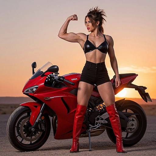 Muscular Woman with Motorcycle at Sunset