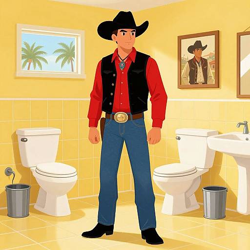 Digital illustration of a young cowboy in a black hat, red shirt, blue jeans, and black vest, standing in a bright yellow bathroom with two toilets