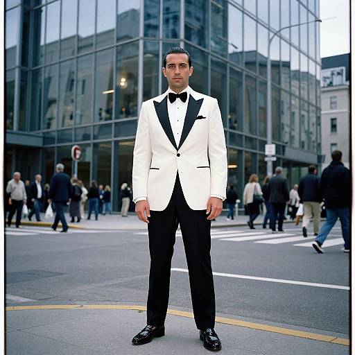 Photograph of a young man with short black hair, standing in an urban street intersection, wearing a white tuxedo with black bow tie and pants
