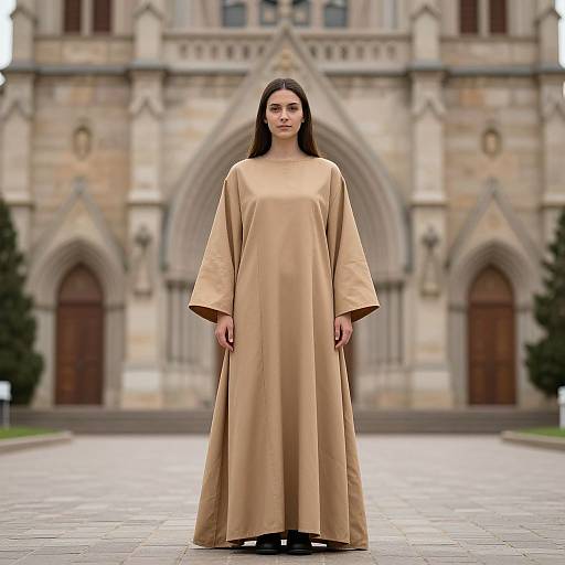 Photograph of a young woman with long black hair, wearing a long, beige, floor-length robe, standing in front of a Gothic-style cathedral.