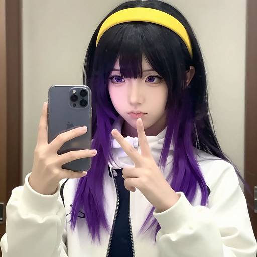 Digital anime-style selfie of a young girl with long black-purple hair, yellow headband, white jacket, black tie, taking a mirror photo with a