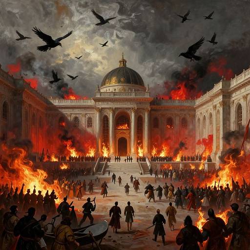 Dramatic digital artwork of a burning, classical domed building surrounded by flames, black silhouetted birds, and chaotic crowds under a dark