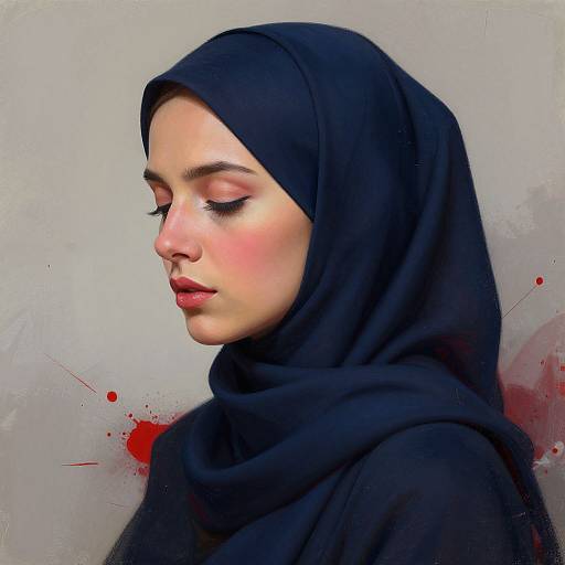 Digital painting of a serene woman with fair skin, closed eyes, and full lips, wearing a black hijab, against a grey background with subtle red