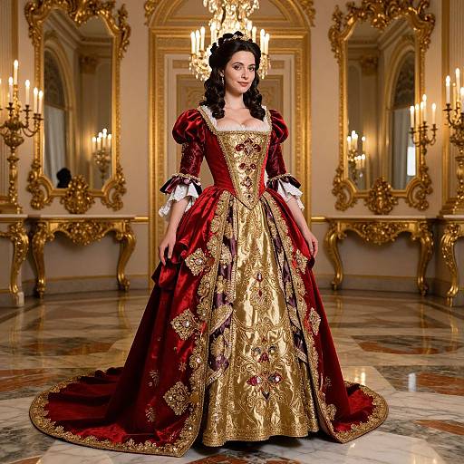 Photograph of a dark-haired woman in an elaborate, gold and burgundy Renaissance-style gown with intricate embroidery, standing in an opulent, gold-tr