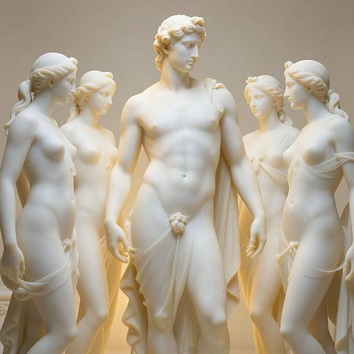 Photograph of a classical marble statue group featuring four elegantly draped, white, semi-nude figures with soft, glowing lighting. Central male figure stands