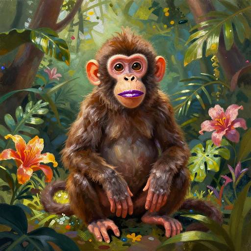 Digital painting of a curious, wide-eyed baby monkey with purple lips, sitting in a vibrant, lush jungle with colorful flowers and green foliage.