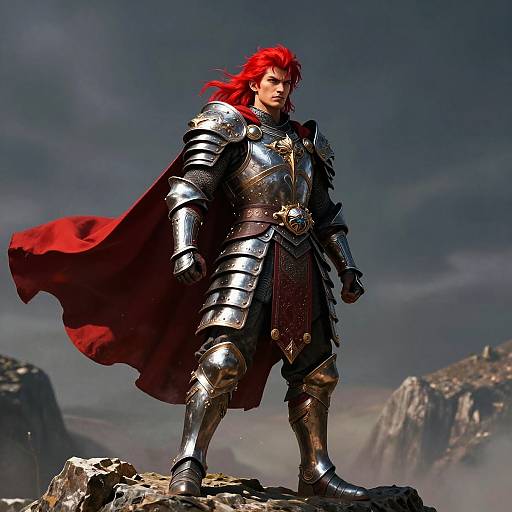 Digital artwork of a red-haired warrior in shining silver armor with a red cape, standing confidently on a rocky mountain peak against a cloudy sky.
