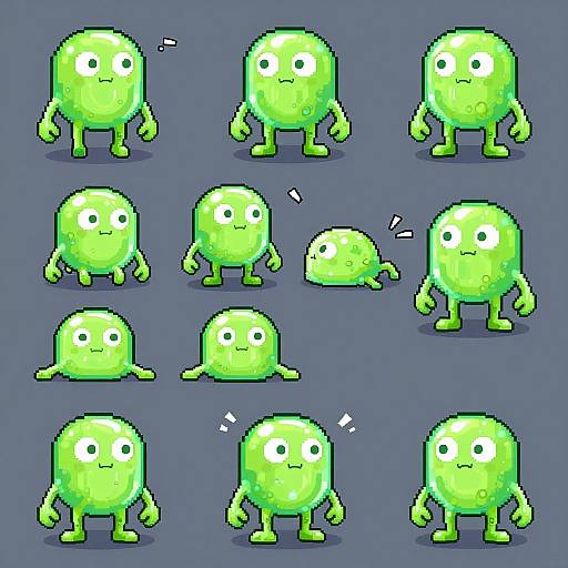 Pixel art of a green, gelatinous, blob-like creature with small arms and legs, displaying various surprised and neutral expressions on a blue background.