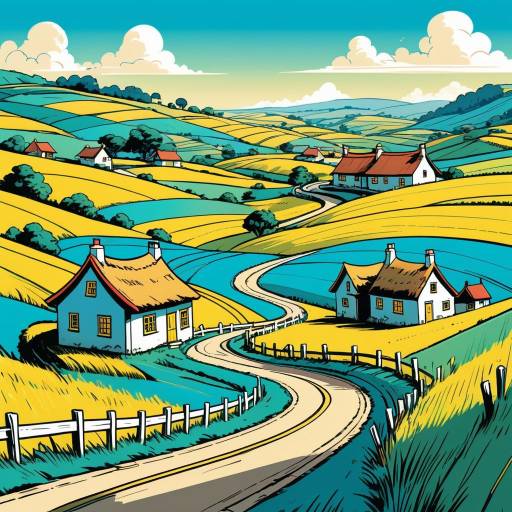 Illustrated Countryside Landscape with Winding Road