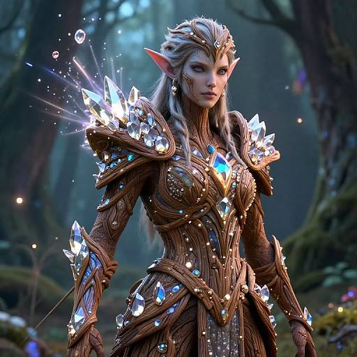 Digital fantasy artwork of an elf woman with long silver hair, pointed ears, and glowing crystal armor in a mystical forest.