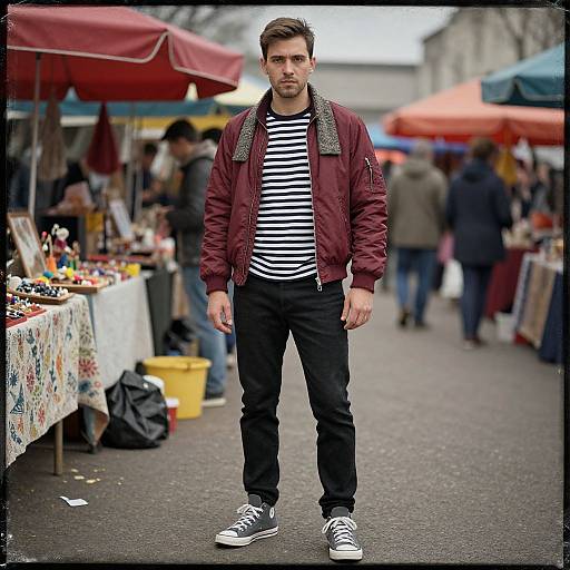 Photograph of a young man with short brown hair, wearing a red jacket, black pants, and black-and-white striped shirt, standing in a busy