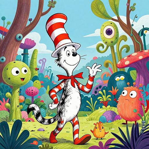 Colorful cartoon of a white cat with red stripes and a tall hat, walking in a whimsical garden with quirky plants and creatures. Bright, playful