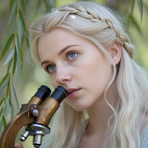Photograph of a young blonde woman with blue eyes, wearing a braided headband, using a wooden microscope in a green, leafy background.